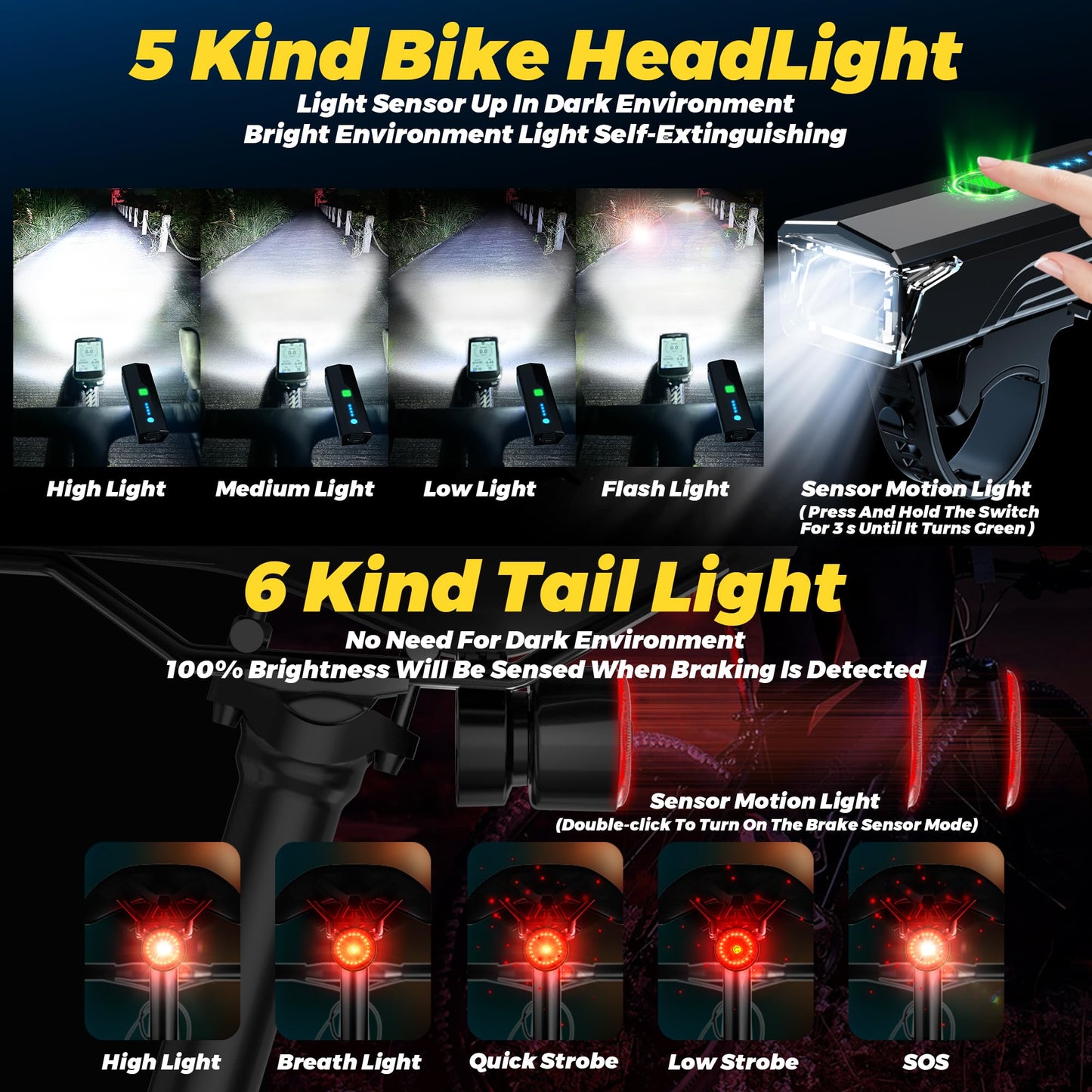 2025 Anti-Glare Front Rear Sensor 3000Lux Bike Lights, 5+6 Kind Warning Modes Bicycle Light and Tail Light Set, Long Time Waterproof Bike Accessories for Night Riding City Streets Mountain, Black