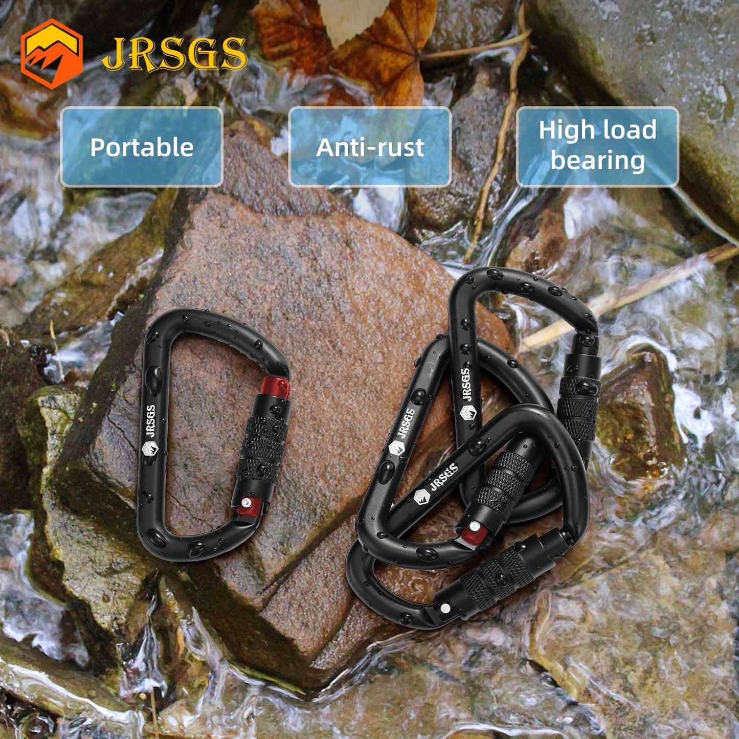JRSGS Heavy Duty Locking Carabiner Clip 12KN Auto Locking Carabiner 7075 Aluminum Material, Lightweight and Strong, Easy to Carry, Suitable for Hiking, Hammock, Suspension, Gym, Keychain, Dog Leash.