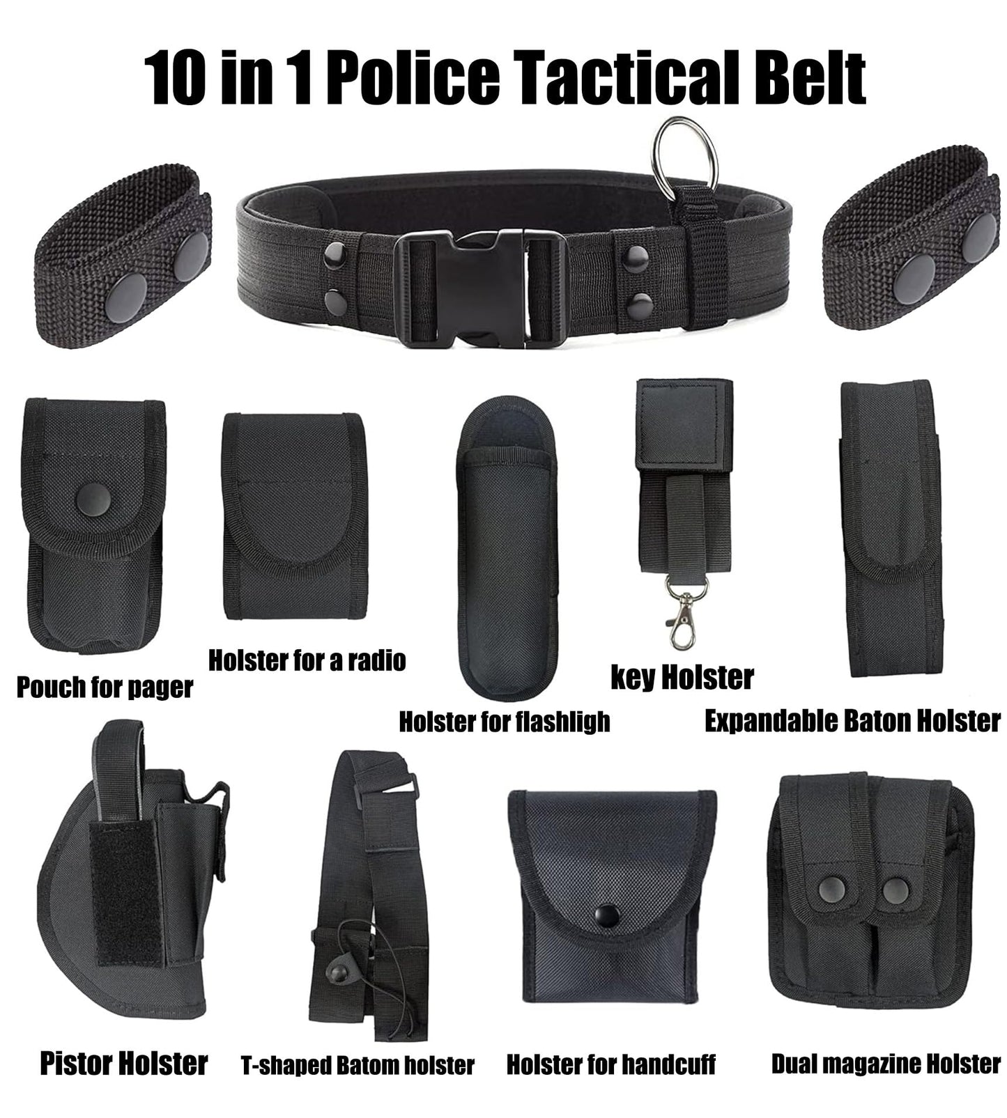 10 in 1 Utility Tactical Belt Modular Equipment System Outdoor Waist Bag Patrol Equipment for Police Guard Law Enforcement Security Hunting with 9 Components Pouches