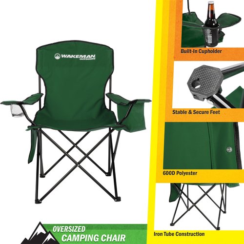 Camping Chair - 300lb Capacity Folding Chair with Cupholder and Built-In Cooler - Oversized Heavy Duty Outdoor Camp or Beach Chair by Wakeman (Green)