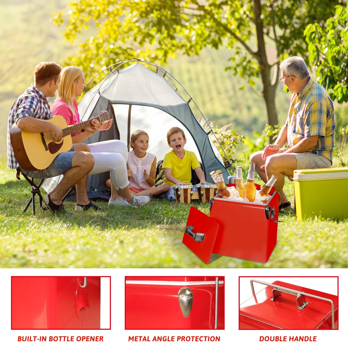 Kickleen Retro Ice Chest Cooler with Bottle Opener 13L (14Qt), Stainless Steel Vintage Style Ice Bucket for Camping, Party, Beach, Picnic, RV, BBQ, Tailgating, Fishing (Red)