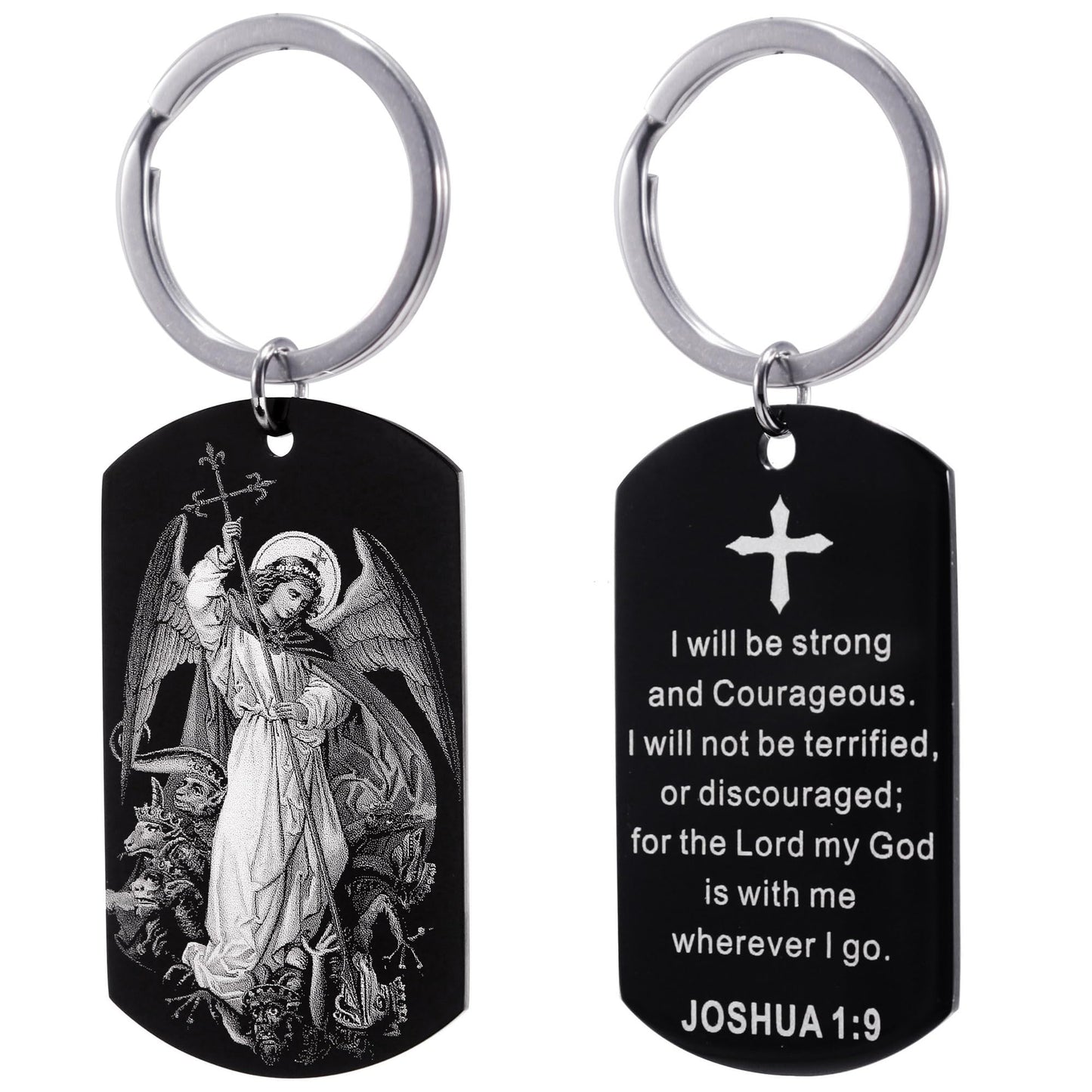 MRSLYFQH Patron Saints Catholic Keychain,Christian Bible Verse Religious Scripture Dog Tag Gifts, Communion,Baptism,Confirmation Stainless Key Chain (St.Michael+Joshua 1:9)