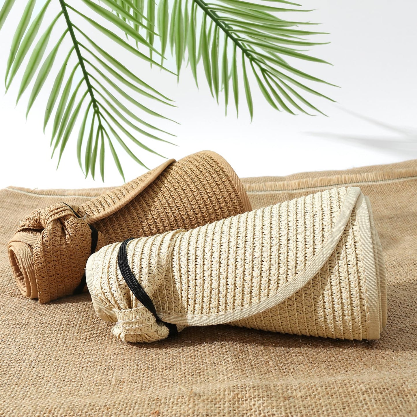 2Pcs Foldable Straw Sun Visor Hats,Wide Brim Ponytail Summer Beach Hat, Protect Your Skin Easily Perfect for Women Summer Vacation (Natural +Beige)