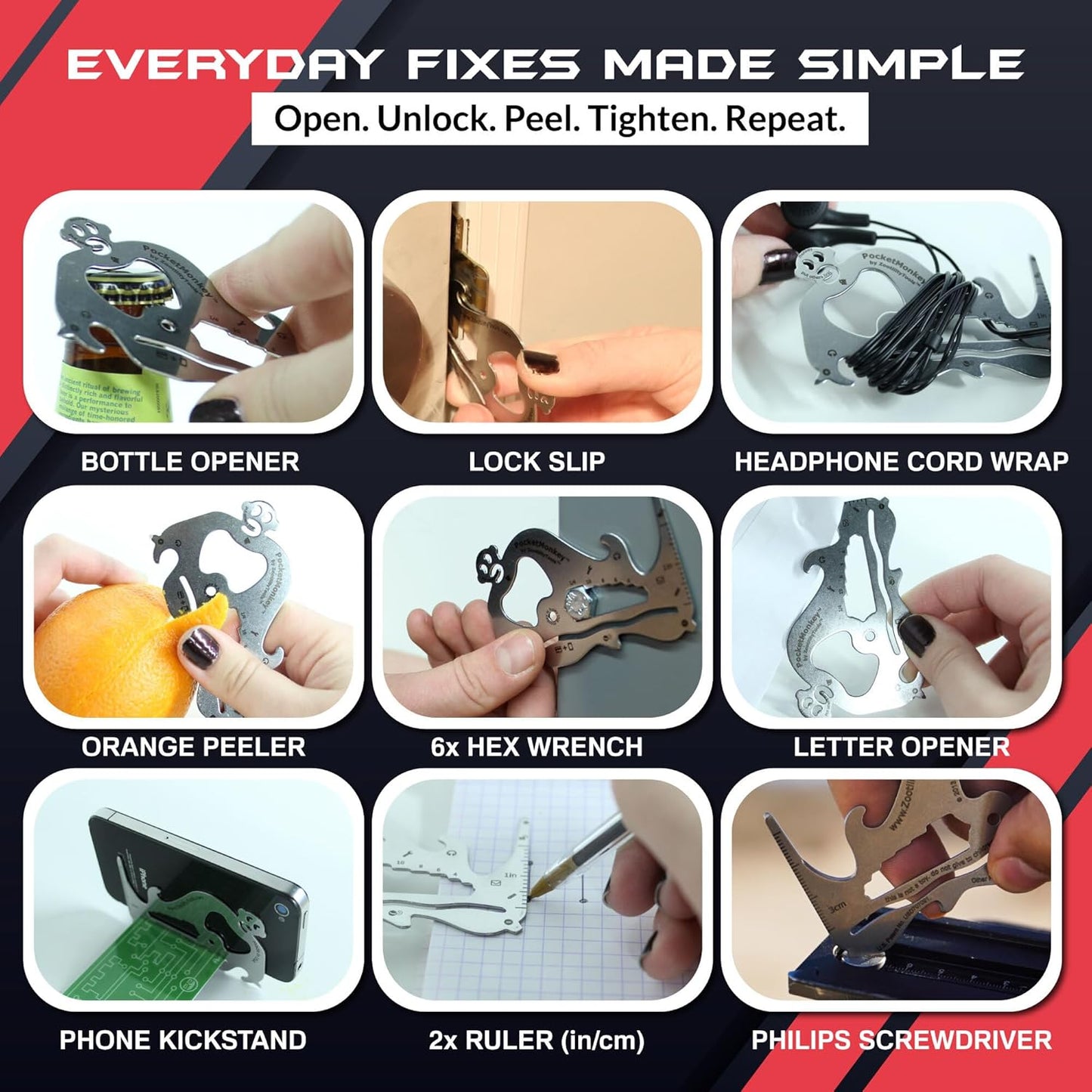Wallet Multi-Tool, PocketMonkey 12-in-1 Credit Card Tool, Bottle Opener, Stainless Steel, MADE IN USA