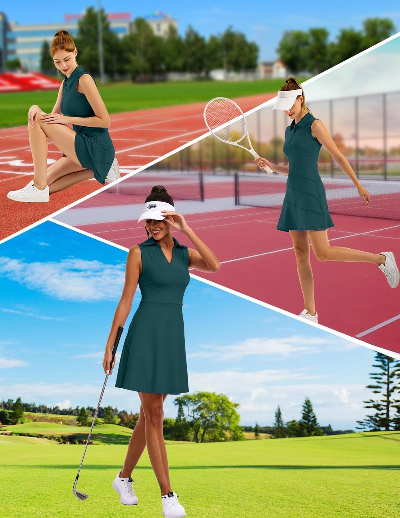 FKEEP Women's Tennis Golf Dresses Zipper V-Neck Sport Activewear with Shorts and Pocket Workout Athletic (Aqua Green, S)