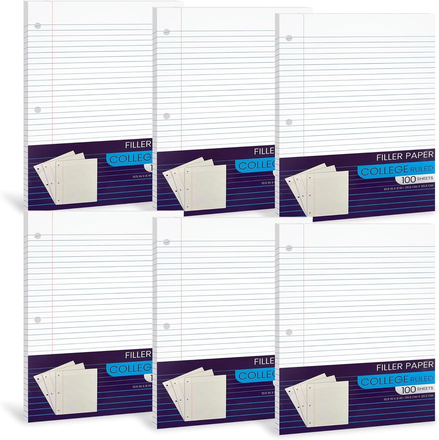 Notebook Paper College Ruled, Loose Leaf Paper for 3 Ring Binders - 10.5' X 8", for Students, School Classroom - 100 Sheets/Pack (2 Pack)
