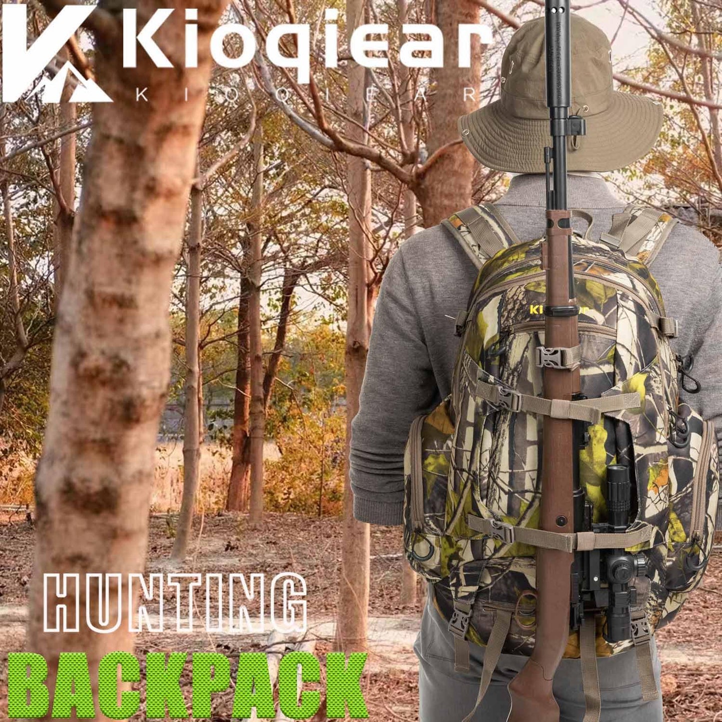 Kioqiear Hunting Backpack,Outdoor Gear Hunting Pack with Rain Cover,Durable Large Capacity Hunting Day Pack.(GREEN CAMO)