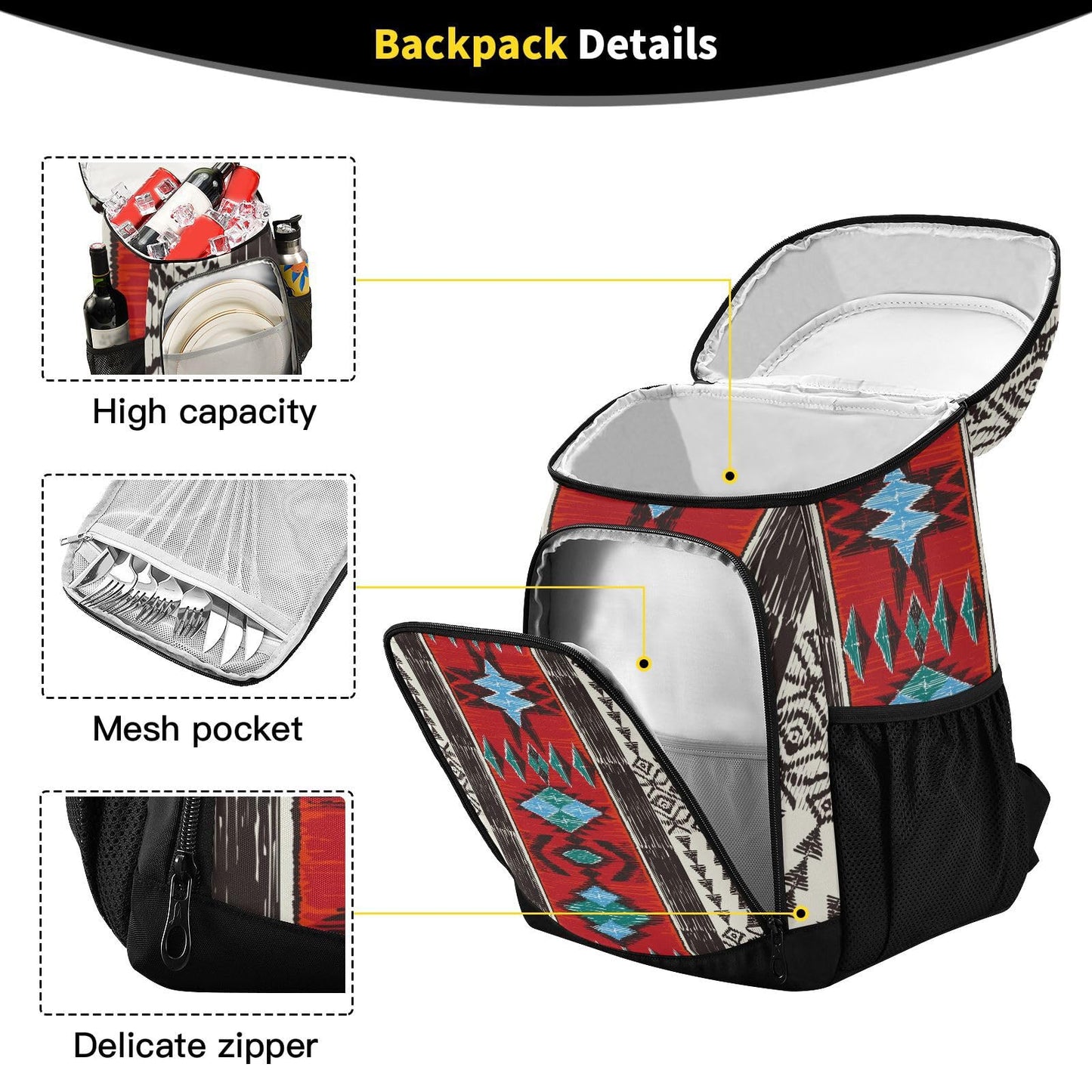 Red Aztec Bohemia Tribe Cooler Backpack Insulated Leak Proof Beach Cooler Bag 30 Cans Waterproof Lightweight Soft Lunch Picnic Hiking Camping Backpack Cooler for Men Women