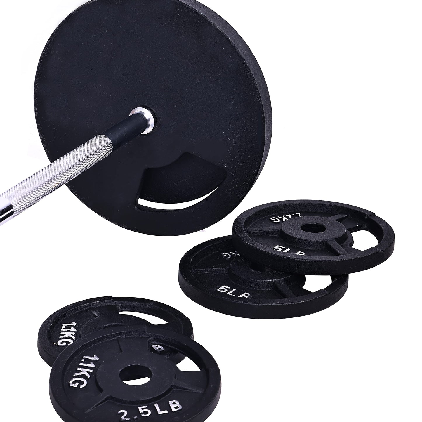 Fitvids Cast Iron Standard Weight Plates Including 5FT Standard Barbell with Star Locks, 95-Pound Set (85 Pounds Plates + 10 Pounds Barbell), Multiple Packages, Style #7