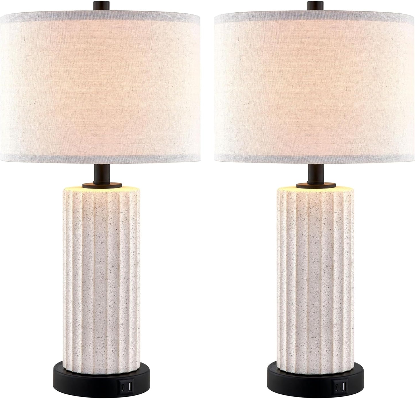 KAWOTI White Ceramic Table Lamp Set of 2 for Living Room 3 Way Touch Control Bedside Lamps with USB Ports and AC Outlet (Bulbs Included)