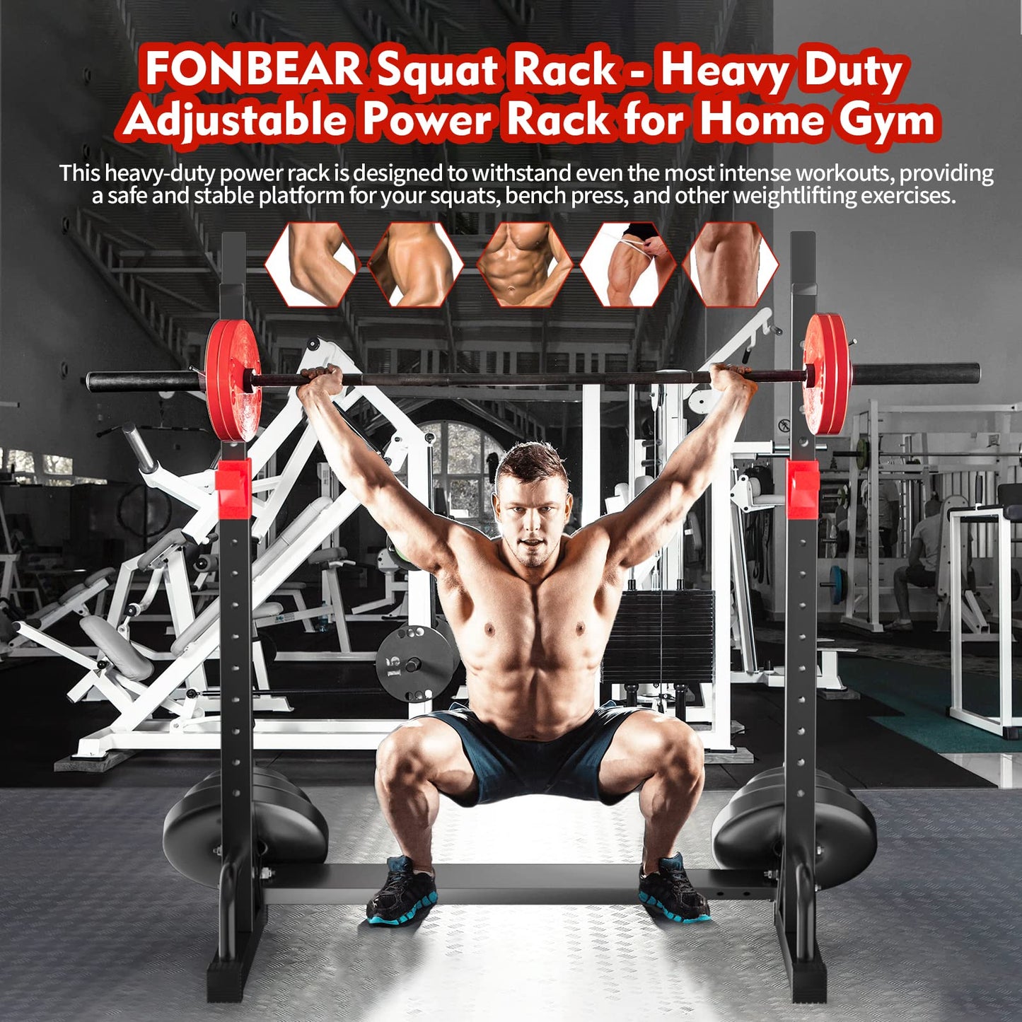 FONBEAR Squat Rack, Barbell Rack, Bench Press 550 LBS Max Load Adjustable Squat Rack Stand Multi-Function Weight Lifting Home Gym - Great for Beginners and Professional Use