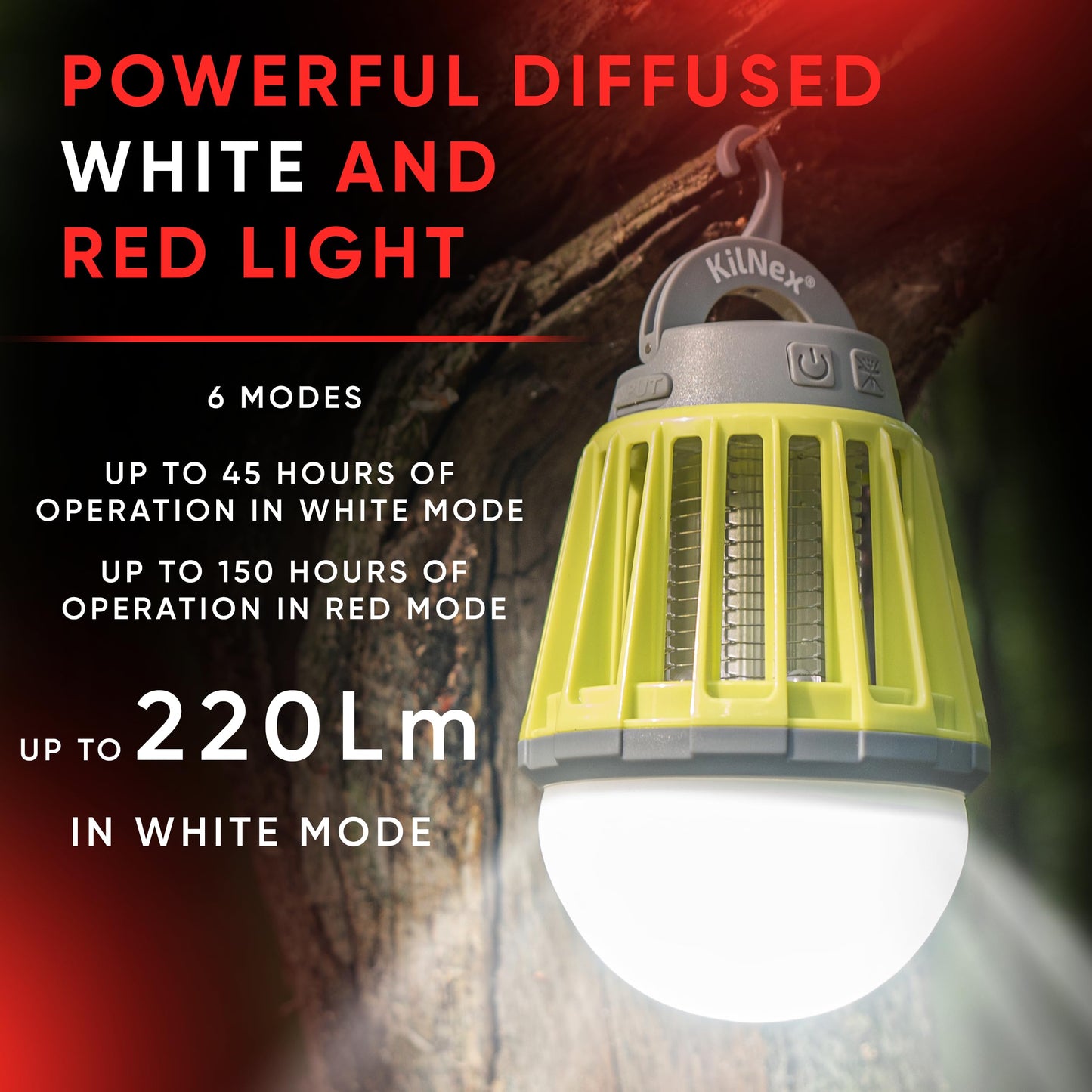 KILNEX Camping Lantern with Mosquito Protection | Rechargeable Battery, USB Type-C Charging | Waterproof IP67 | White and Red Light | Compact Portable for Camping, Hiking, Fishing
