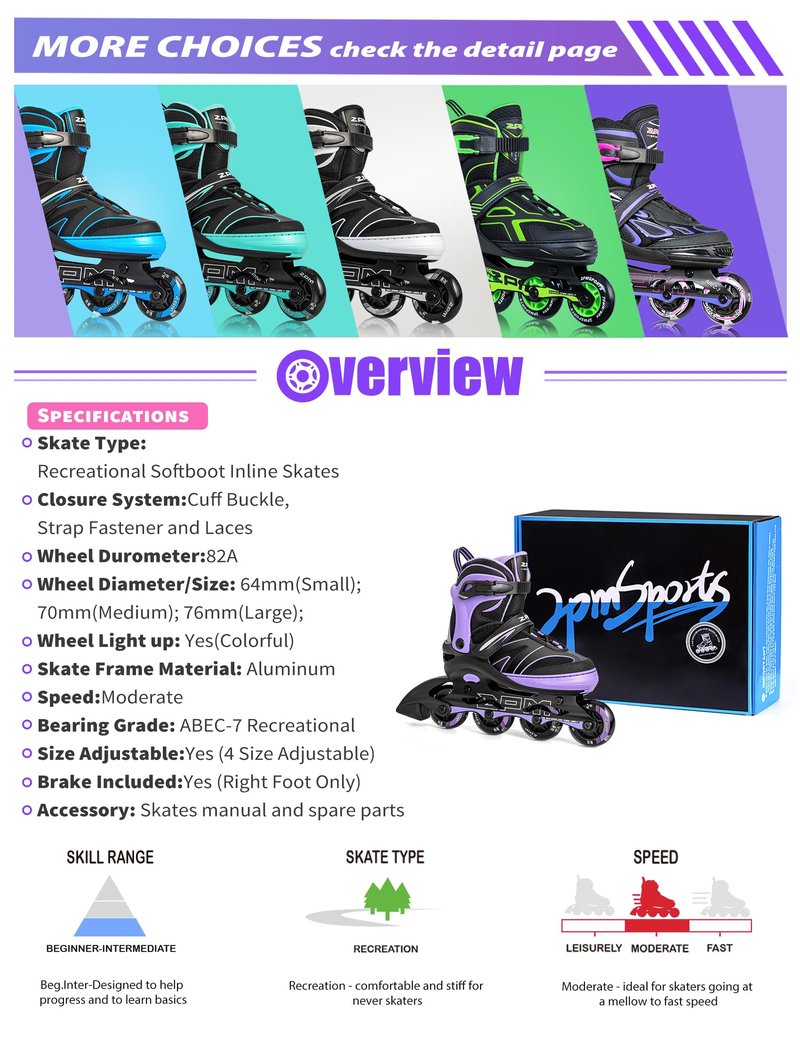 2PM SPORTS Kids Adjustable Inline Skates Ages 4-12, Youth Inlie Skates for Girls Boys 5-8 8-12 with Full Light Up Wheels, Beginner Women Men Adult Skates - Purple Medium
