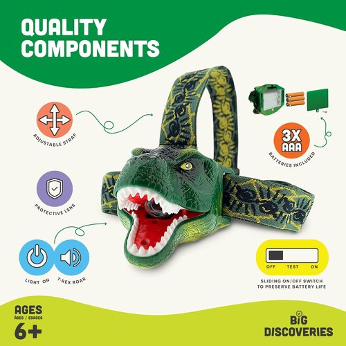 Big Discoveries Original DinoBryte LED Headlamp Roaring T-Rex Dinosaur Head Lamp for Kids | Dino Toy Headlight Flashlight for Boys, Girls, or Adults