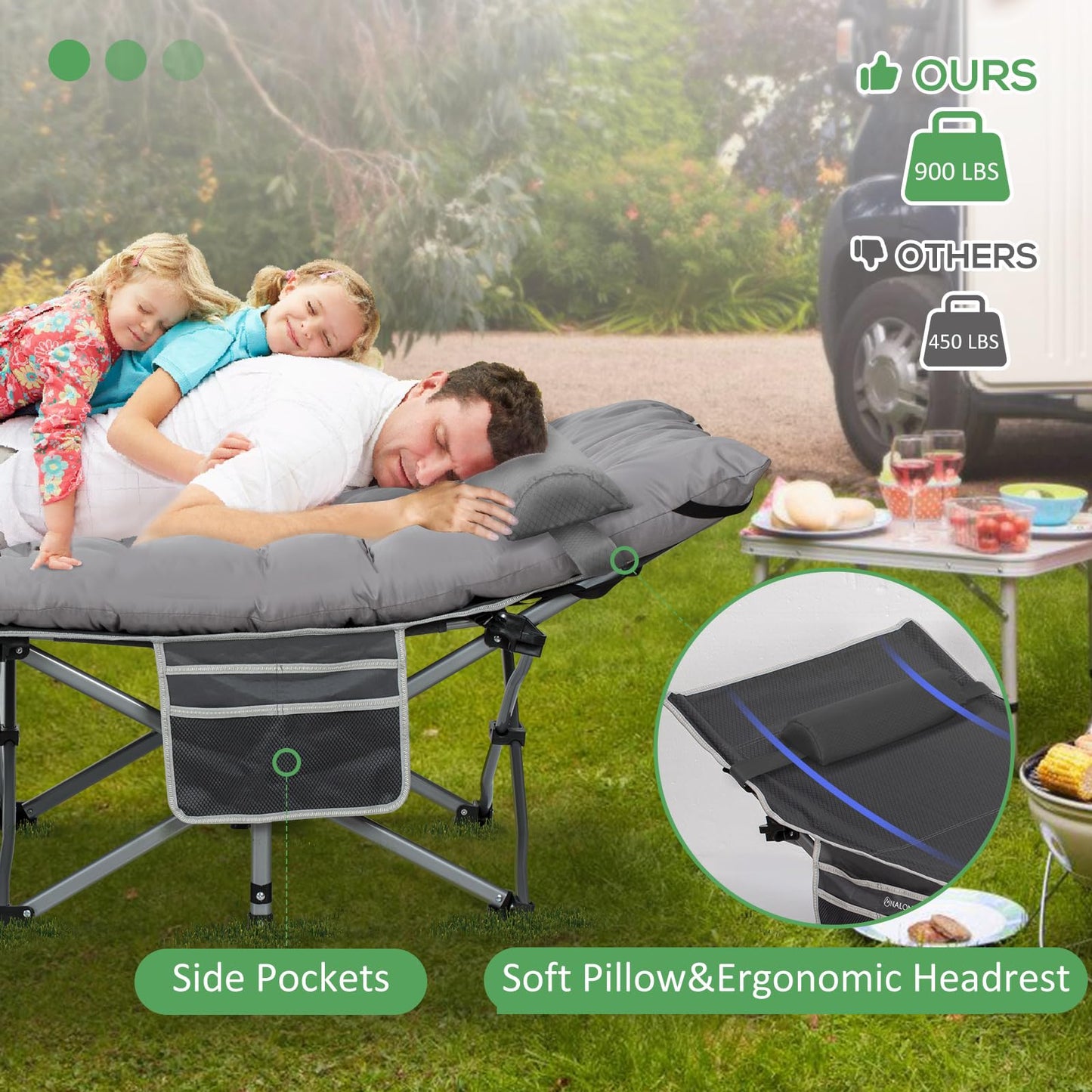 LOENIY Wide Folding Camping Cots with Pillow & Extra Thick Matress, Cots for Sleeping 900 LBS, Camping Bed for Adults with Cushion, Sleeping Cot (Grey)