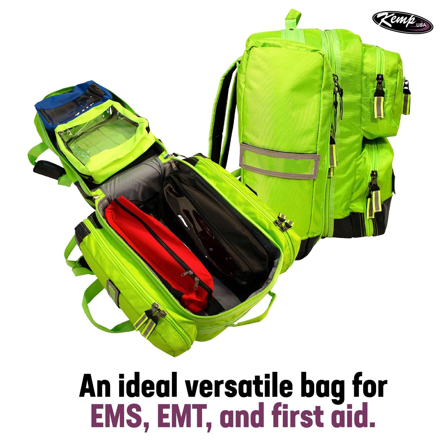 Kemp USA Ultimate EMS Backpack - Emergency Supplies - EMT Bag Fits BLS/ALS Equipment and D Tank Oxygen Cylinder - Multiple Grab Points, Chest & Waist Support Straps & Color-Coded Pouches (Neon Green)