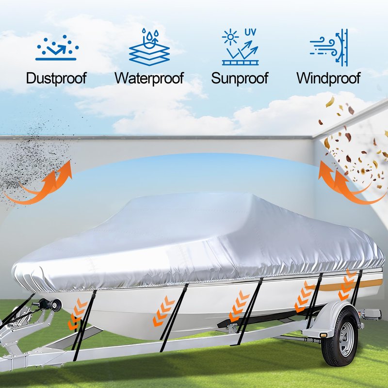 iCOVER Trailerable Boat Cover- 16'-18.5' Heavy Duty Waterproof Tarp Covers with Storage Bag, Fits V-Hull, Fish&Ski, Pro-Style, Fishing, Runabout, Bass Boats, up to 16ft-18.5ft Long X 94" Wide