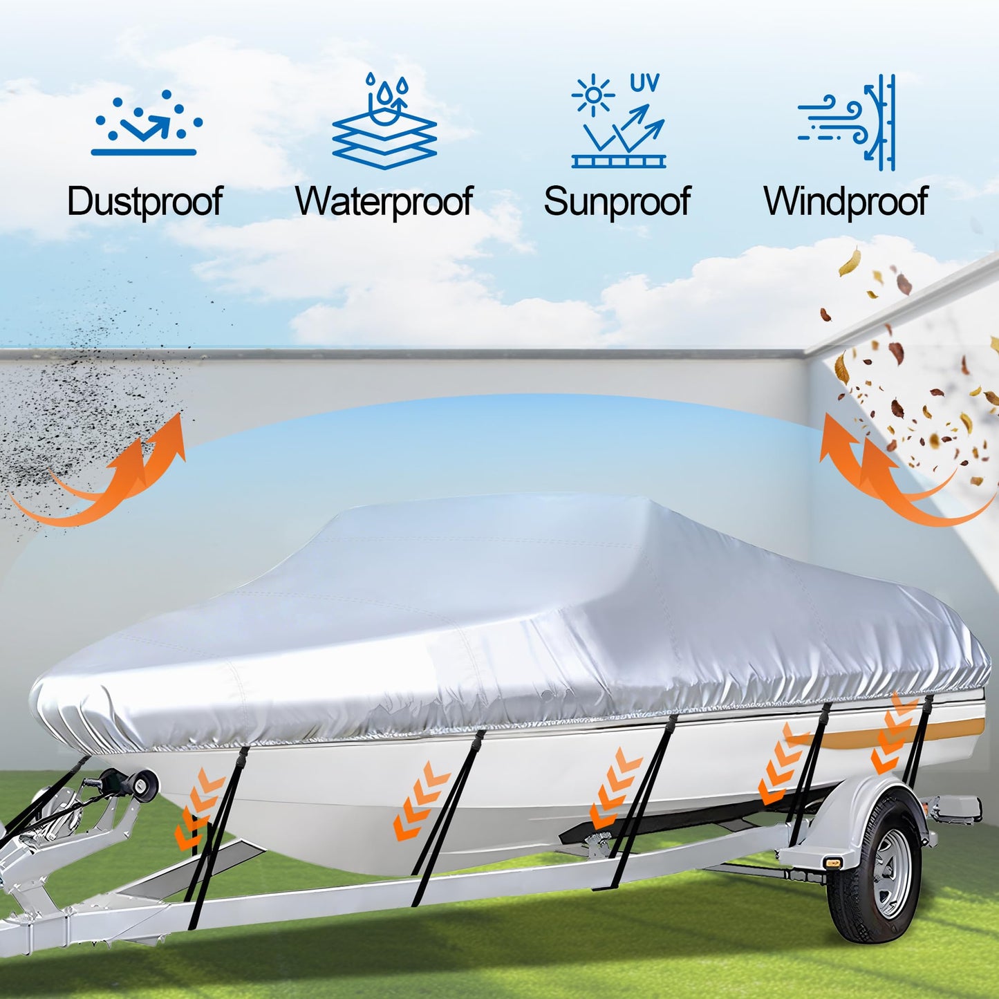 iCOVER Trailerable Boat Cover- 16'-18.5' Heavy Duty Waterproof Tarp Covers with Storage Bag, Fits V-Hull, Fish&Ski, Pro-Style, Fishing, Runabout, Bass Boats, up to 16ft-18.5ft Long X 94" Wide