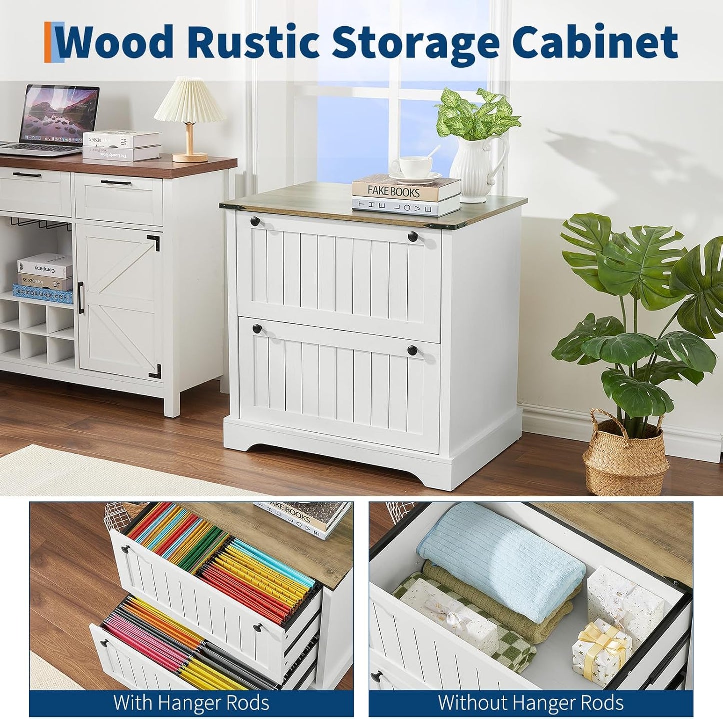 Farmhouse File Cabinets with 2 Drawers,30" File Cabinets with Hanging File Folders for A4/Letter/Legal Size Documents, Rustic Storage Cabinet Storage Printer Stand for Home Office, Living Room White