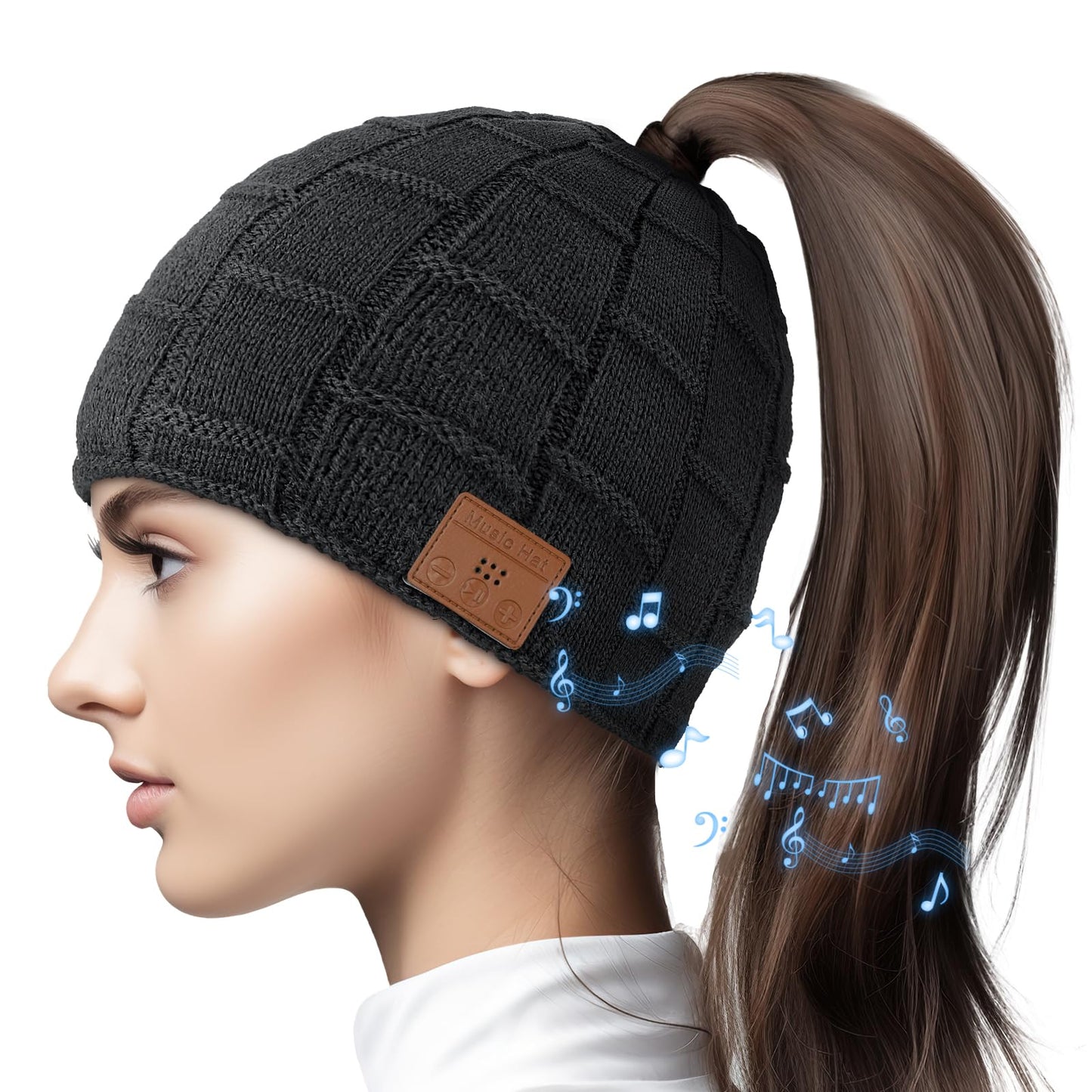 Bluetooth Beanie for Women with Ponytail Hole Wireless Knitted Beanie Hat with Bluetooth Headphones Built in Microphone, Winter Warm Hat Stocking Stuffers Black