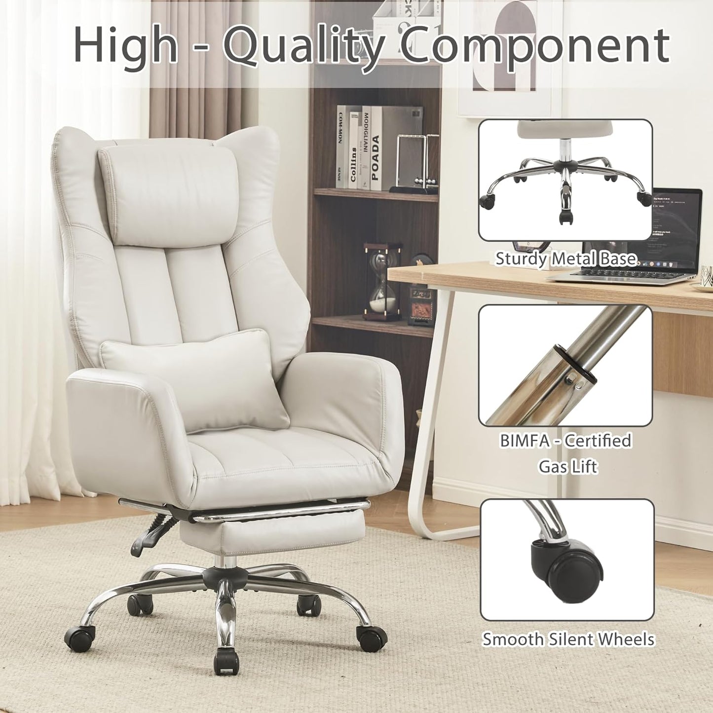 Ergonomic Cross Legged Office Chair with Footrest,Leather Big and Tall Executive Chair with Wheels,Reversible Armrest and Lumbar Pillow,135° Reclining Computer Wide Desk Chair for Home,Office (Beige)