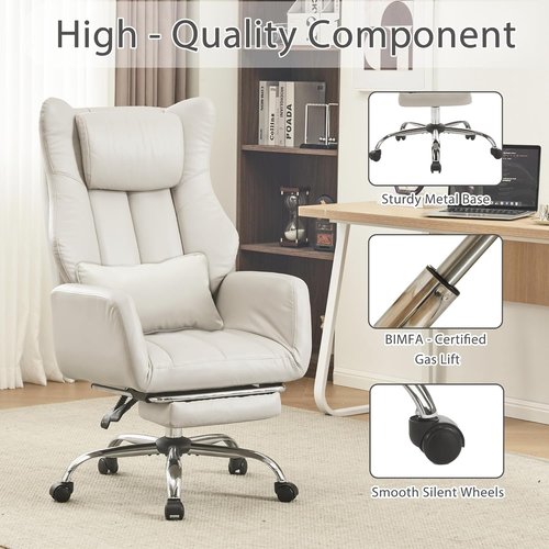 Ergonomic Cross Legged Office Chair with Footrest,Leather Big and Tall Executive Chair with Wheels,Reversible Armrest and Lumbar Pillow,135° Reclining Computer Wide Desk Chair for Home,Office (Beige)