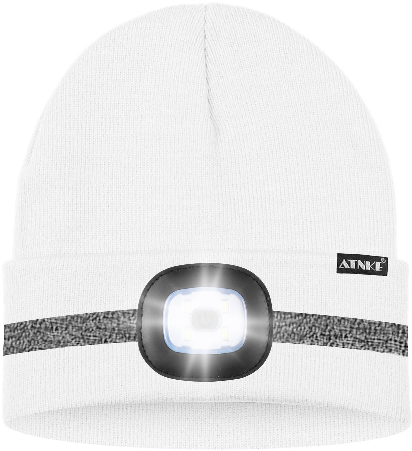 ATNKE LED Lighted Beanie Hat,USB Rechargeable 4 LED Run Headlamp with Reflective Stripe Cap Light Gift for Men and Women/#White
