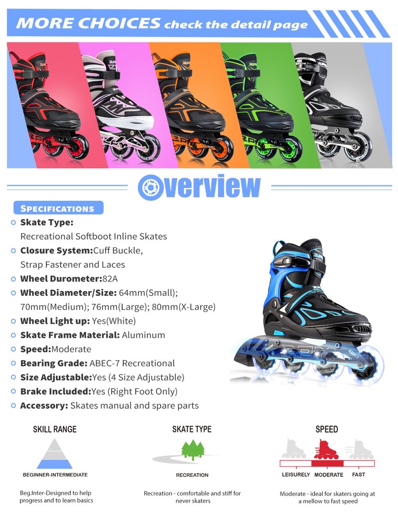 2PM SPORTS Vinal Boys Adjustable Flashing Inline Skates, All Wheels Light Up, Fun Illuminating Skates for Kids and Men- Azure Small (11C-13C US)