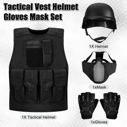 Cuffbow 4 Packs Tactical Vest Helmet Gloves Mask Set Paintball Vest Paintball Airsoft Fast Helmet Mask Gloves(Black)