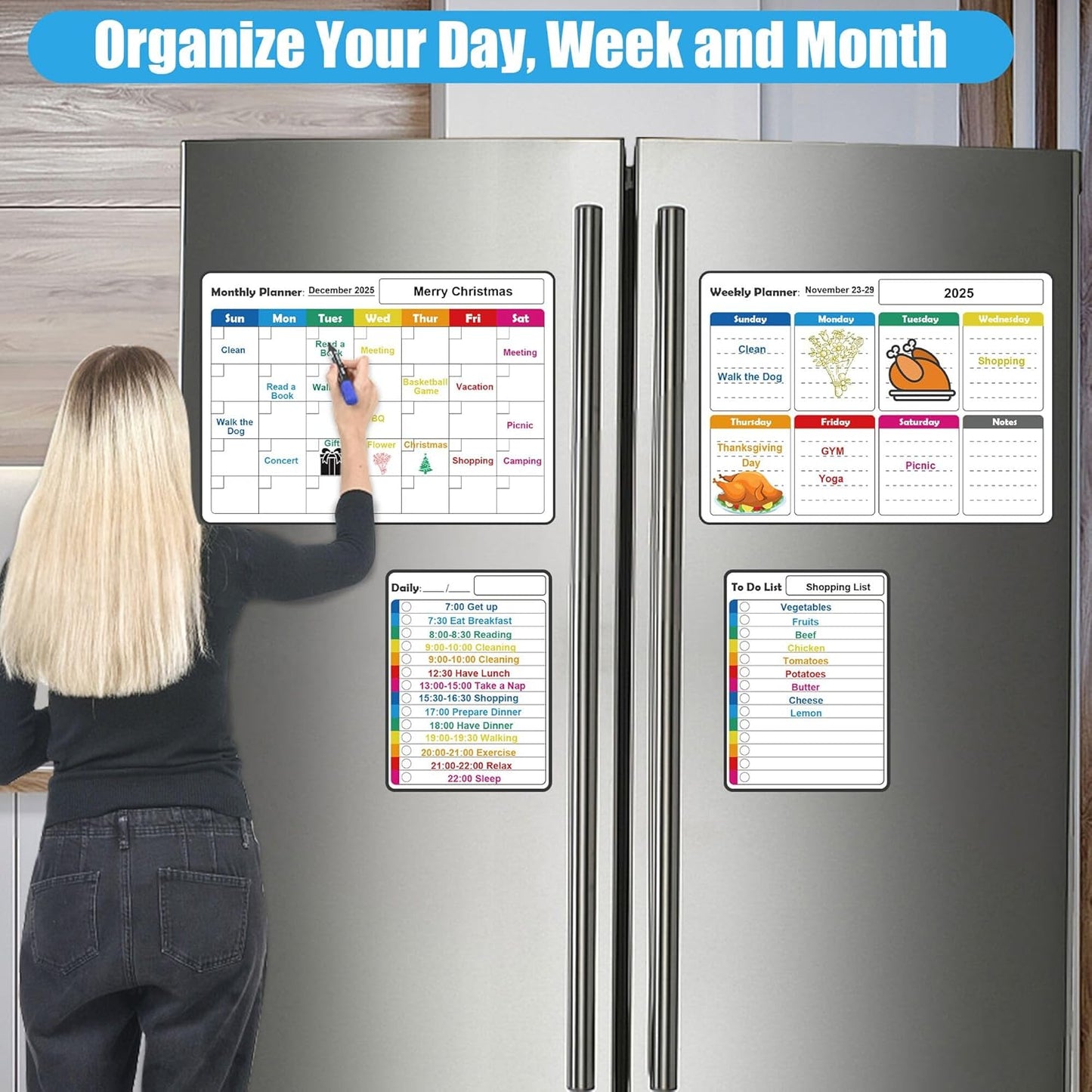 4 Pack Non-Magnetic Dry Erase Calendar Board Set, Anglecai Monthly, Weekly, Daily, List Calendar Sticks for Fridge, Wall, Door