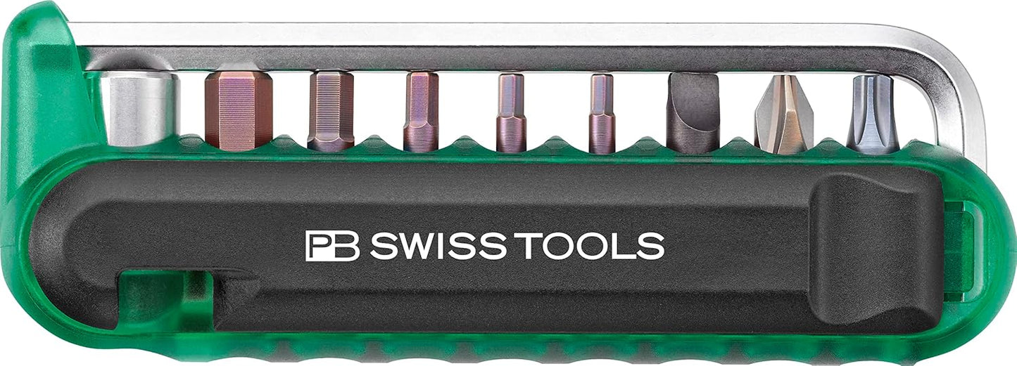 PB Swiss Tools Bike Multitool PB 470 | 100% Swiss Made | Pocket Tool with Bits, Allen Key, Steel Adapter, Tire Lever for Mountain and Road Bike, Bicycle, E-Bike (Green)