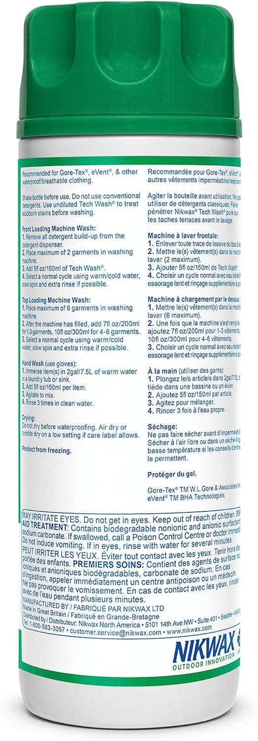Nikwax Tech Wash,10 fl. oz., Nikwax Tech Wash Technical Cleaner for Jackets and Outerwear, Restores Waterproofing in Rain, Ski, and Snow Gear, Safe for Gore-Tex and DWR