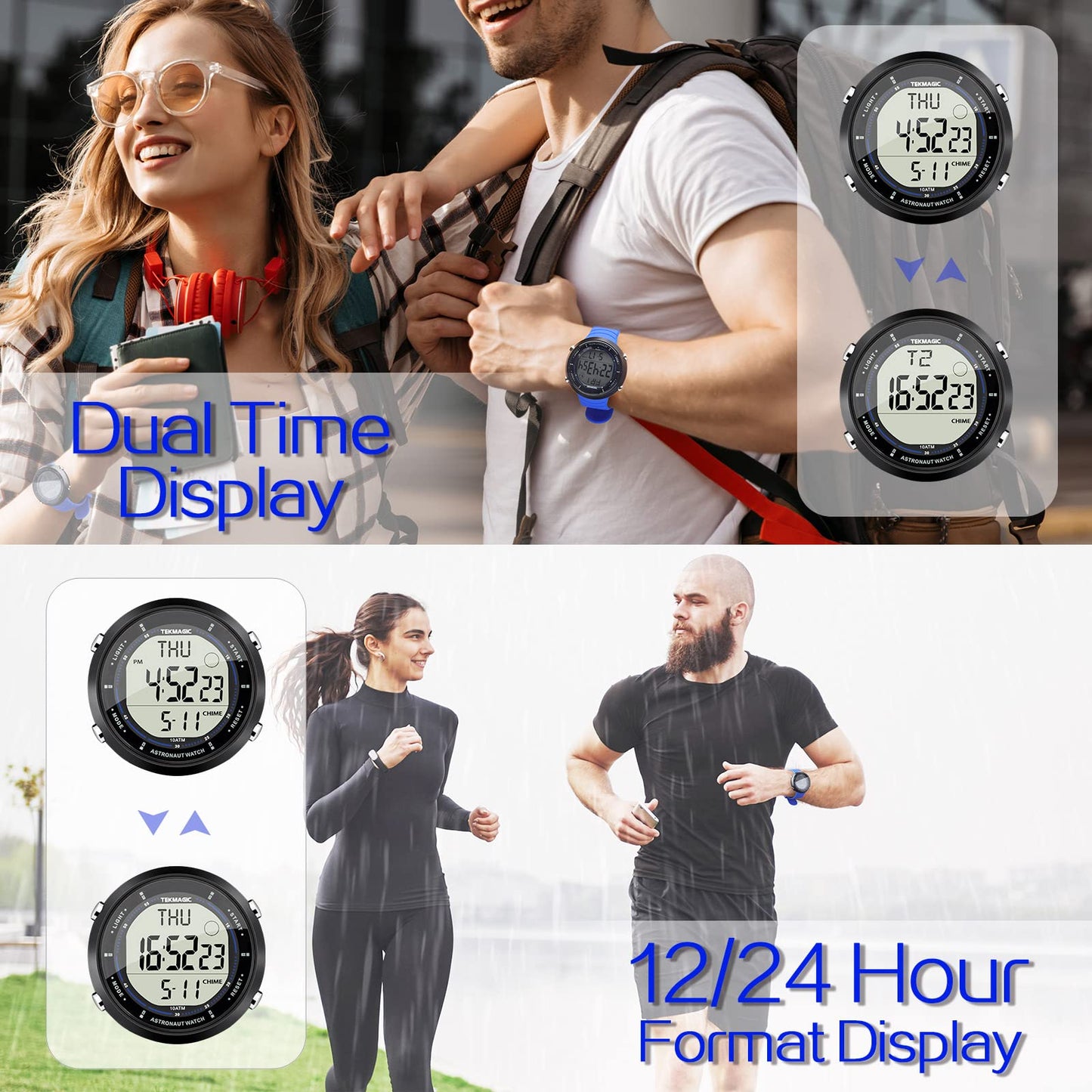 ILAME 10 ATM Water Resistant Sports Watch for Swimming and Diving, with Functions of Stopwatch, Countdown, Dual Time, Alarm Clock, 12 and 24 Hour Format Switchable