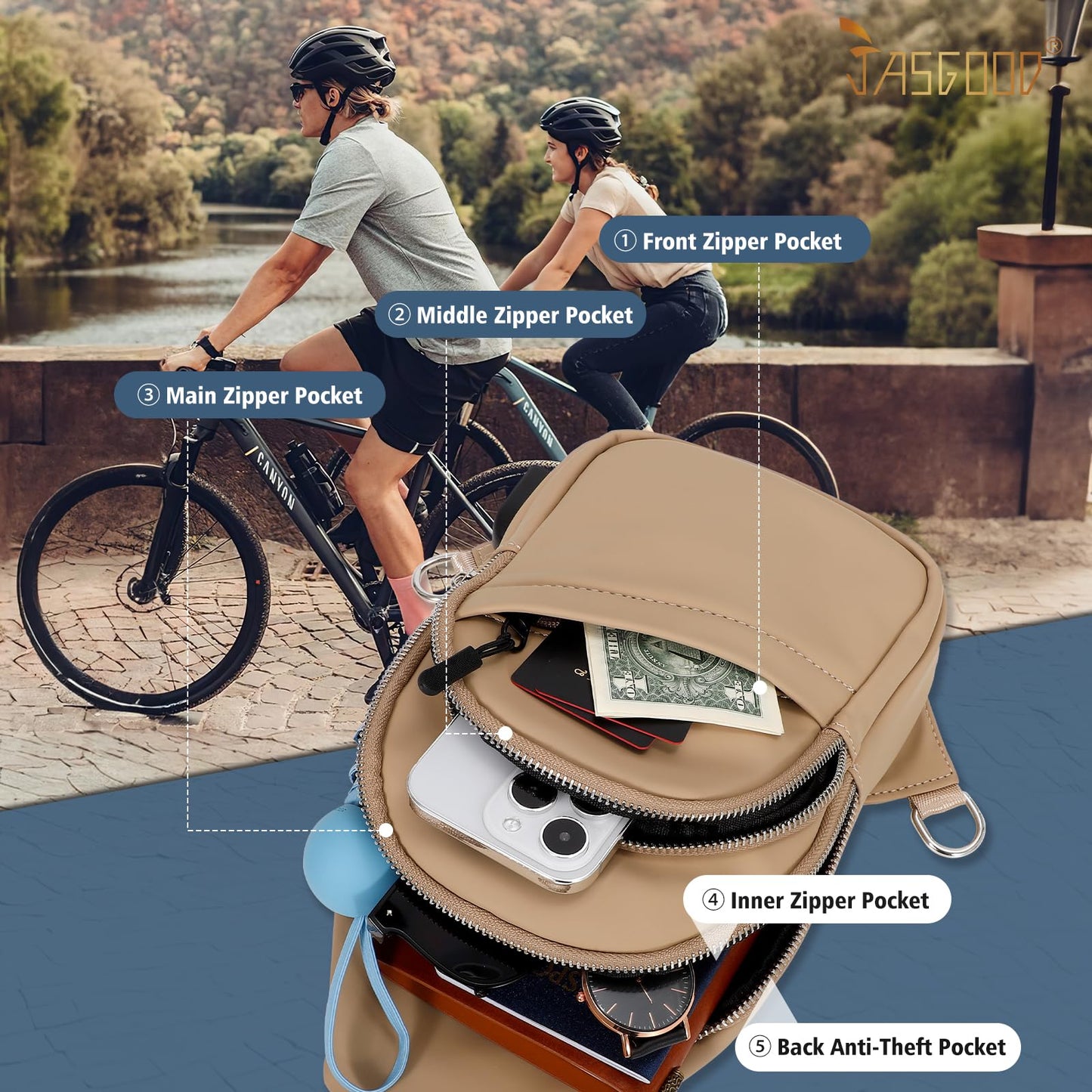 JASGOOD Sling Bag for Men Women - Crossbody Faux Leather Fanny Pack, Waterproof Chest Bag Backpack for Travel, Hiking - Khaki