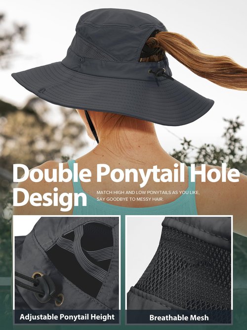 Sun Hat with Ponytail Hole for Women,UPF 50+ UV Protection Wide Brim Safari Hking Waterproof Foldable Beach Bucket Hat Dark Grey