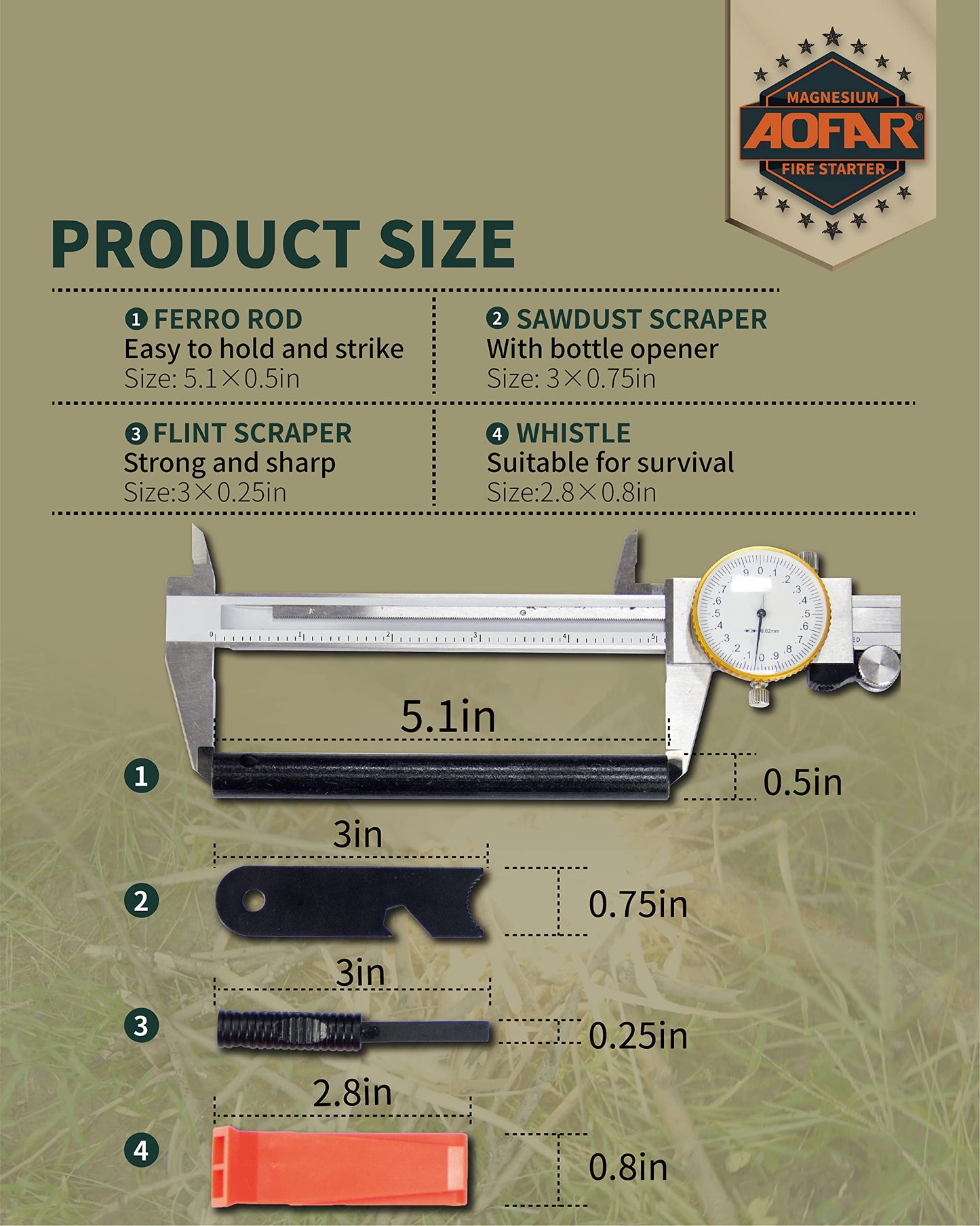 AOFAR Magnesium Fire Starter AF-374 (2-Pack) and Ferro Rod AF-376,Waterproof for Camping, Hiking