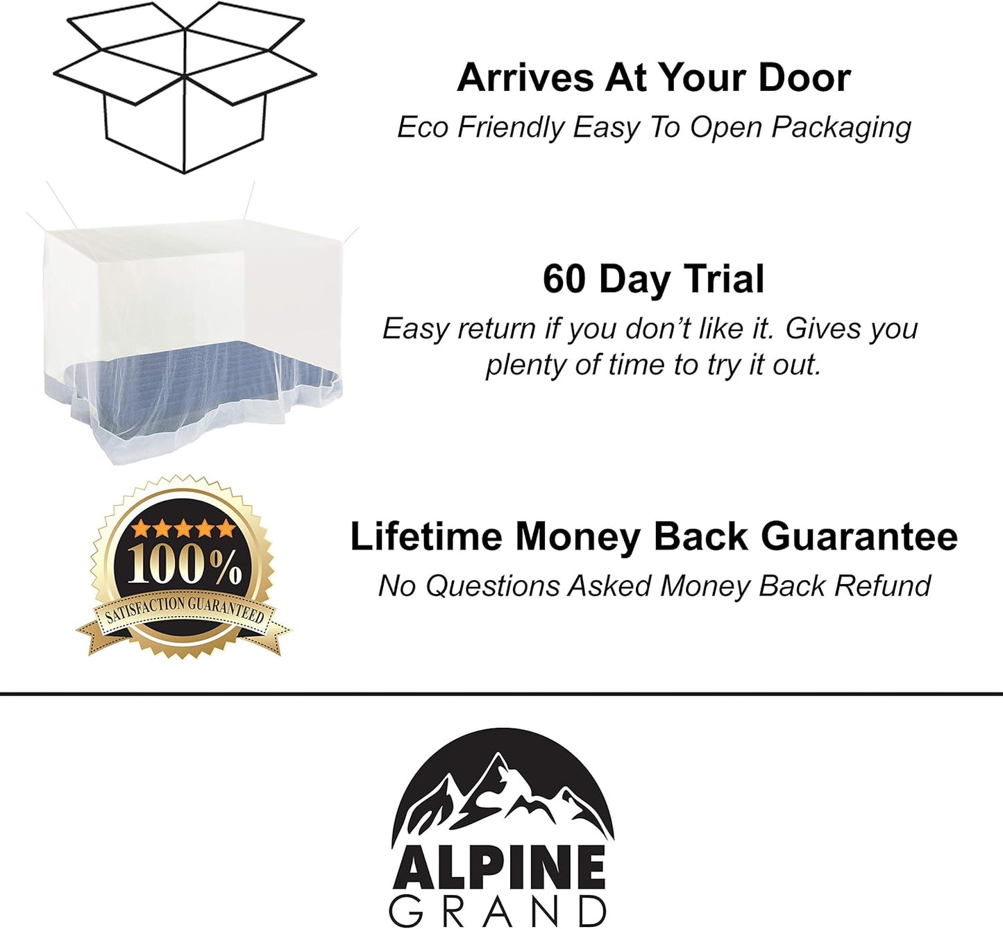 Premium Mosquito Net for Double Bed, crib, hammock or camping by Alpine Grand, Full hanging kit with extra-long strings and 8 hooks, Free Carry Bag