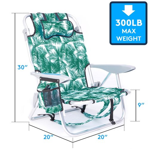 Canpsky 2 Pack Lightweight Portable Camping Beach Chair for Adults, Outdoor Lay Flat Folding Beach Chairs with 4 Positions, Backpack Beach Chair with Towel Bar, Cooler Pouch, Cup Holder, Green Leaves
