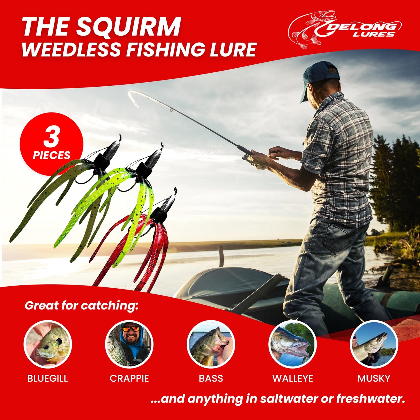 Delong Lures - The Squirm Fishing Lures - Ultimate Bass Fishing Kit, Weighted Jigs for Freshwater and Saltwater, Large Swimbait Lures - Made in USA (Variety 3 Pack)