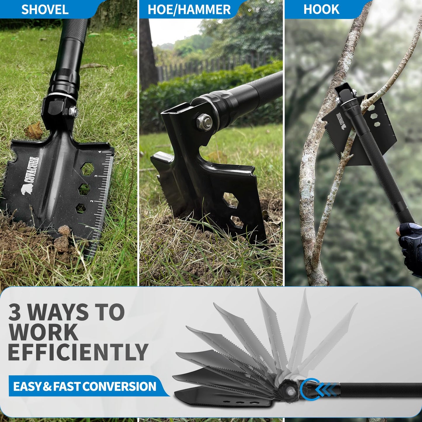 COVACURE Survival Shovel Multi-Purpose Camping Shovel - Unbreakable Tactical Shovel Heavy Duty Survival Camping Gear for Off-Roading, Camping, Gardening, Hiking, Outdoor