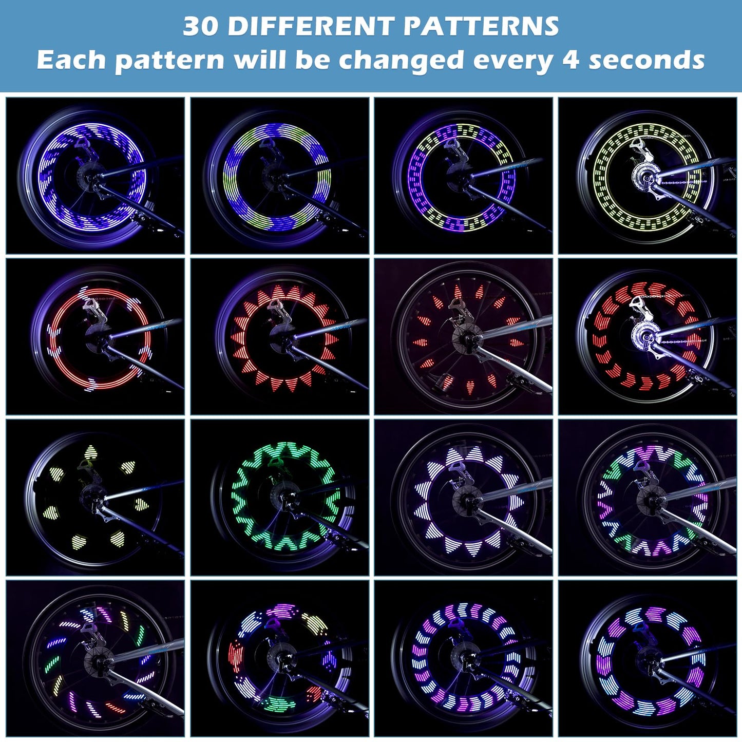 2 Tire Rechargeable LED Bike Wheel Lights,30 Patterns Waterproof Bicycle Spoke Lights,Cycling Tire Lights for Night Riding,Cycling Decoration Safety Warning Tire Strip Light for Kids Adults(Pack of 2)