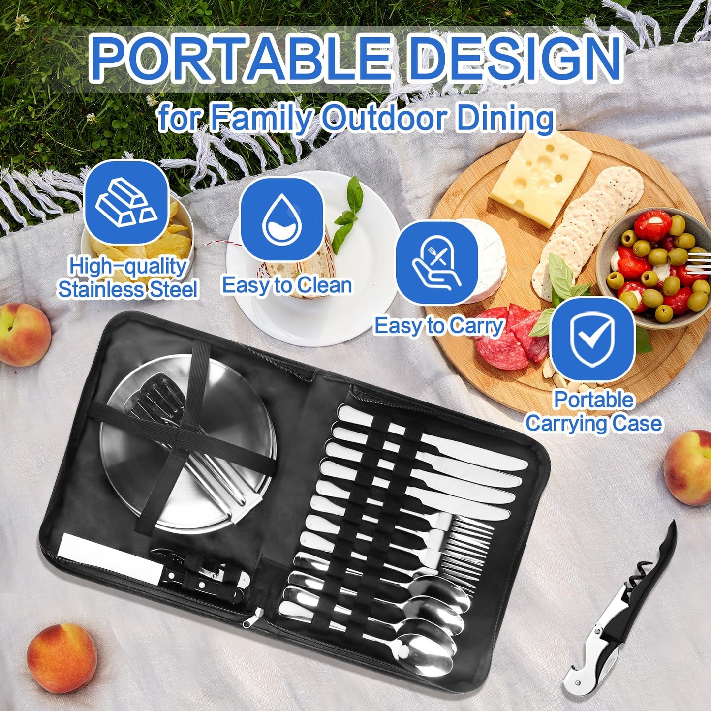 Cynrikah Camping Utensils, Camp Supplies 4 Person 20PCS with Spoons Plates Forks Knives in Camp Organizer, Mess Kit of Camping Utensil Set Car Camp Essentials Dishes for Picnic/Hiking(Black)