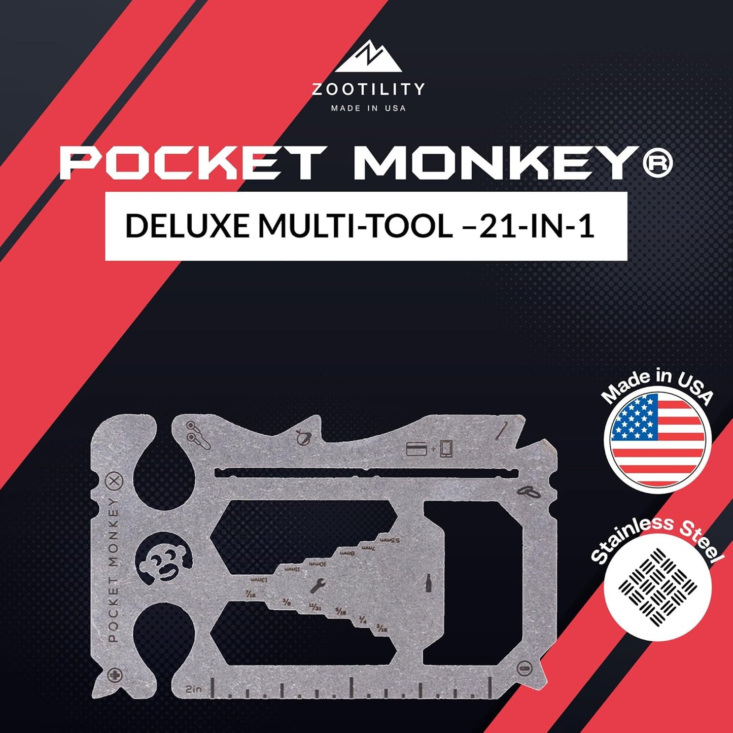 Wallet Multi-Tool, PocketMonkey 12-in-1 Credit Card Tool, Bottle Opener, Stainless Steel, MADE IN USA