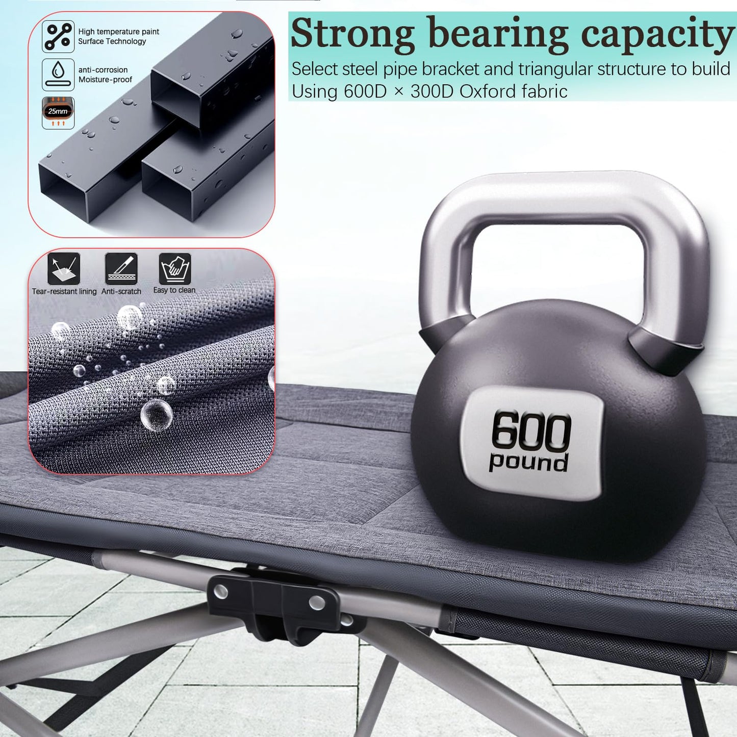 KAKO Folding Camping Cot, Heavy Duty 600 Lbs Portable Bed for Adults, Camping Beds with Carry Bag, Grey