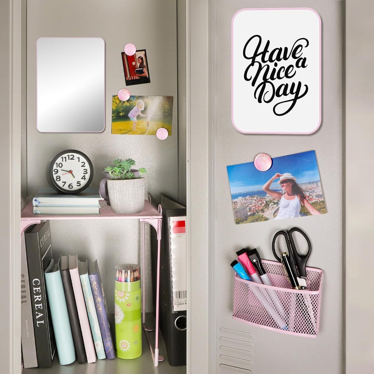 11 PCS Locker Accessories Kit Pink Locker Organizer Decorations Supplies Includes Folding Shelf, Magnetic Mirror & Whiteboard, Pen Holder, Dry Erase Markers, Magnets, Back to School Essentials