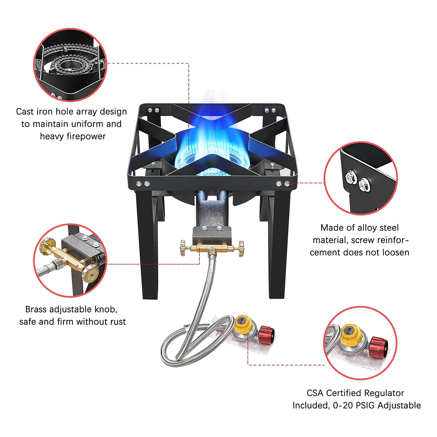 Vivicreate 185000 BTU High Pressure Propane Burner Outdoor Gas Stove Single Burner Cooktop for Turkey Fryer Seafood Boil Brewing BBQ Camping Stove Estufa de Gas Portátil Fogón de Gas 2 valve