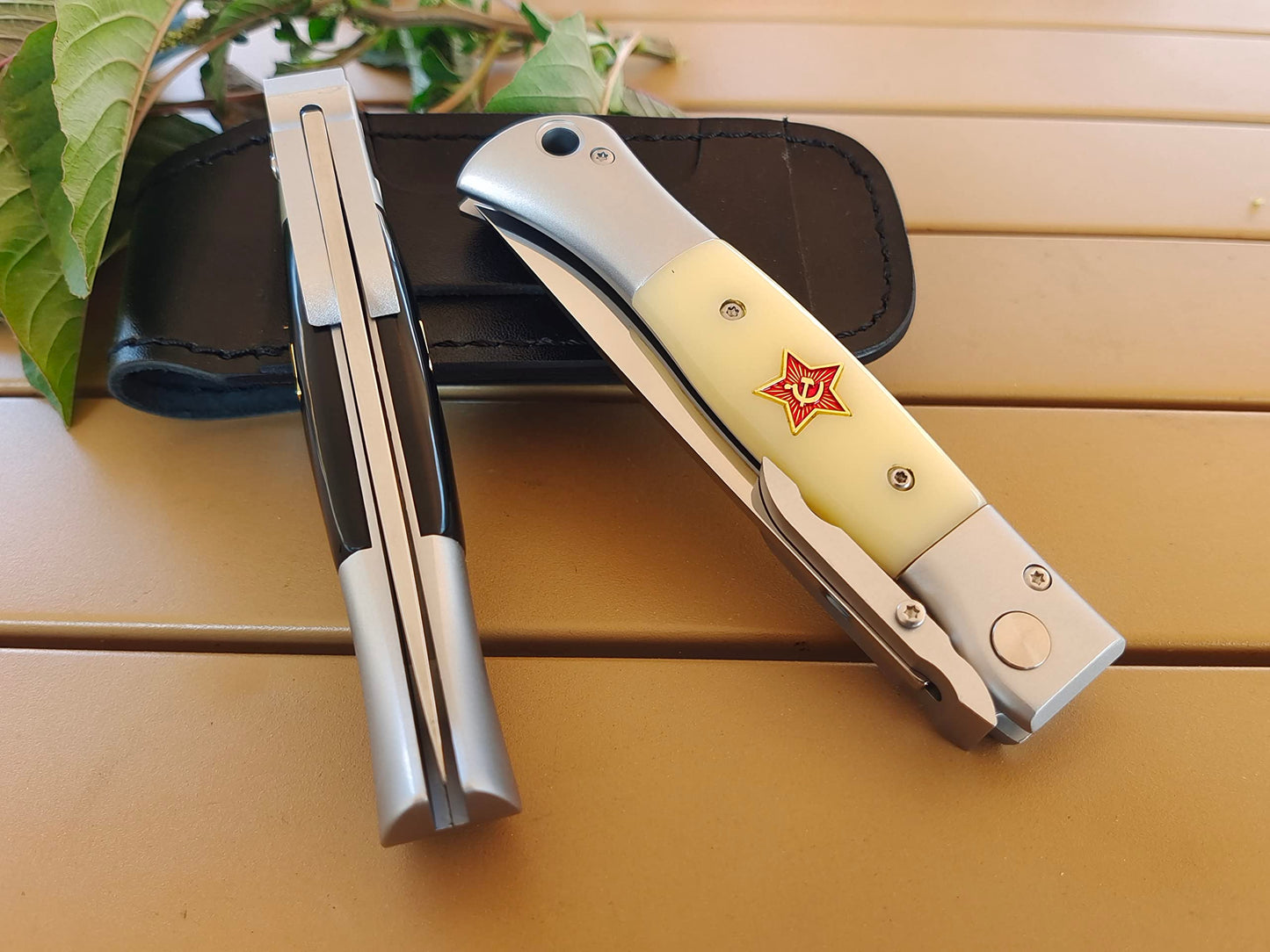 Russian Finka-NKVD KGB Folding Pocket Knife,3.74" Mirror Polished X12M Steel Blade,Aviation Aluminum Inlaid Resin Handle,Cowhide Sheath (Black handle)