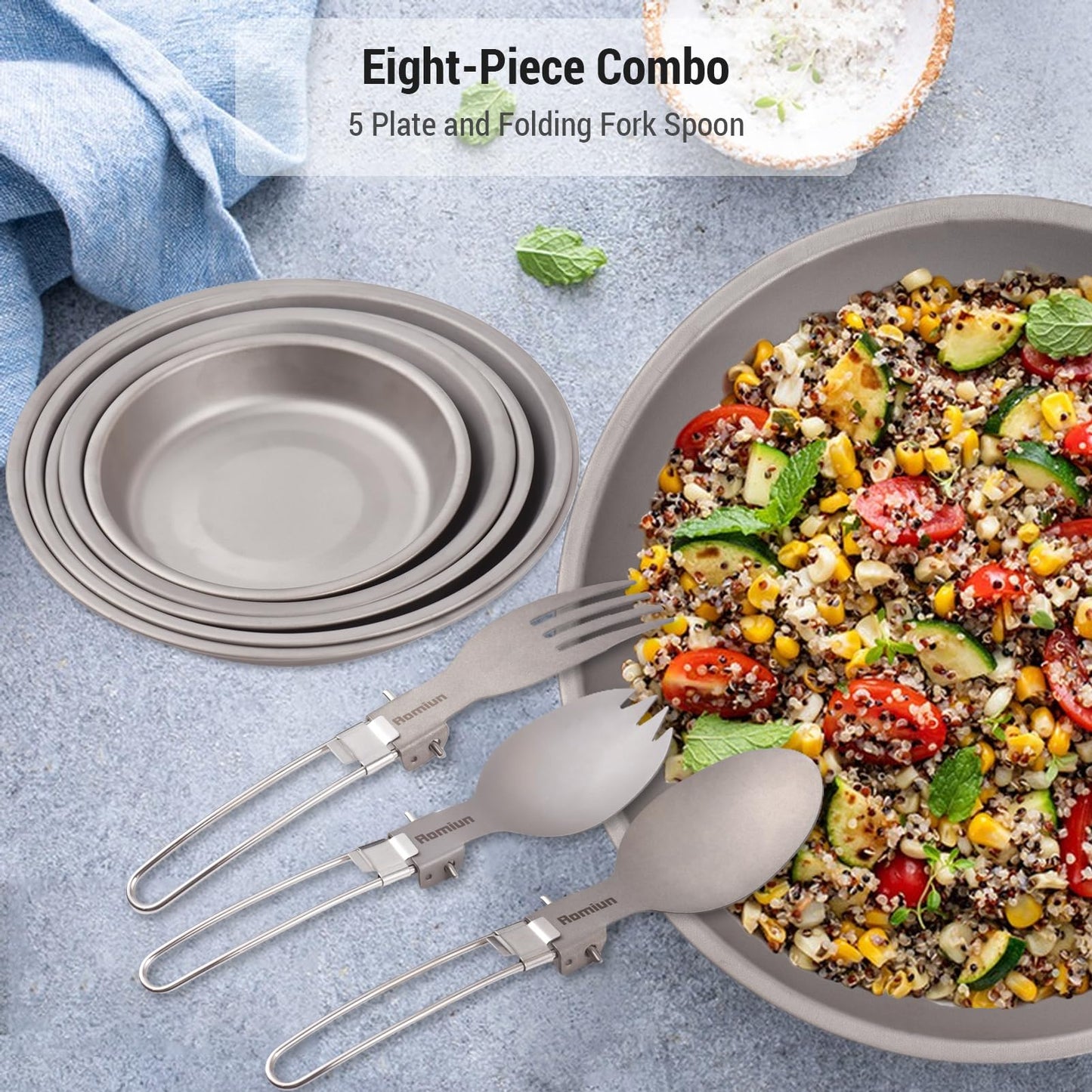 Aomiun Titanium Camping Plate Set of 8, Ultralight Durable Titanium Dish Plate with Folding Forks Spoons, Portable Round Dinner Plates Outdoor Camping Pan Tableware Utensils for BBQ Hiking Picnic