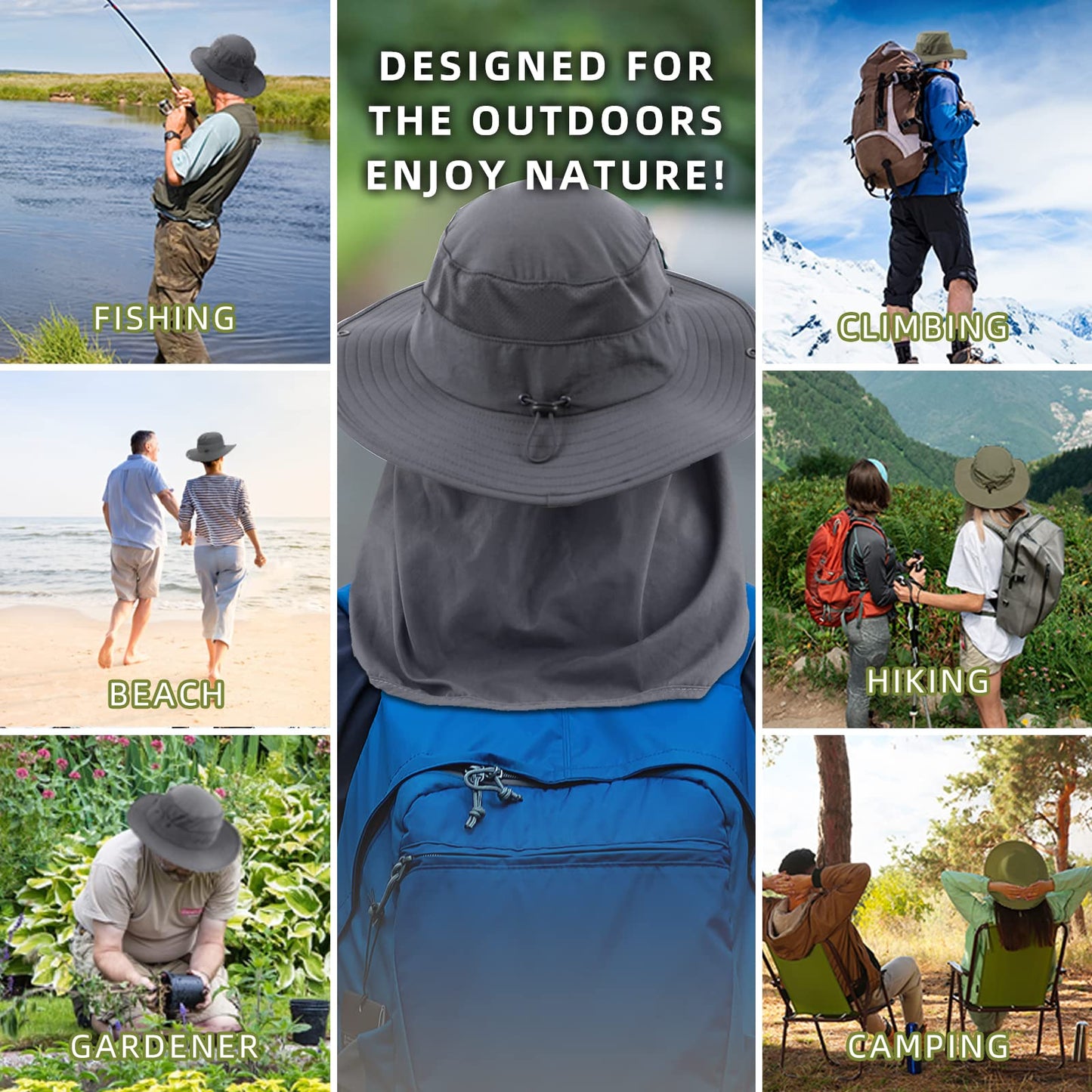 Fishing Hat for Men & Women, Outdoor UV Sun Protection Wide Brim Safari Hat with Face Cover & Neck Flap for Hiking Hats