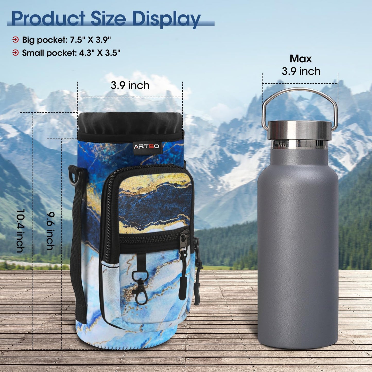 ARTSO Water Bottle Carrier Bag Sling Holder Pouch, 25oz 32oz 40oz 64oz Insulated Water Bottle Sleeve Case Cover with Adjustable Shoulder Hand Strap Pocket for Men Women Hiking Camping, Blue Marble